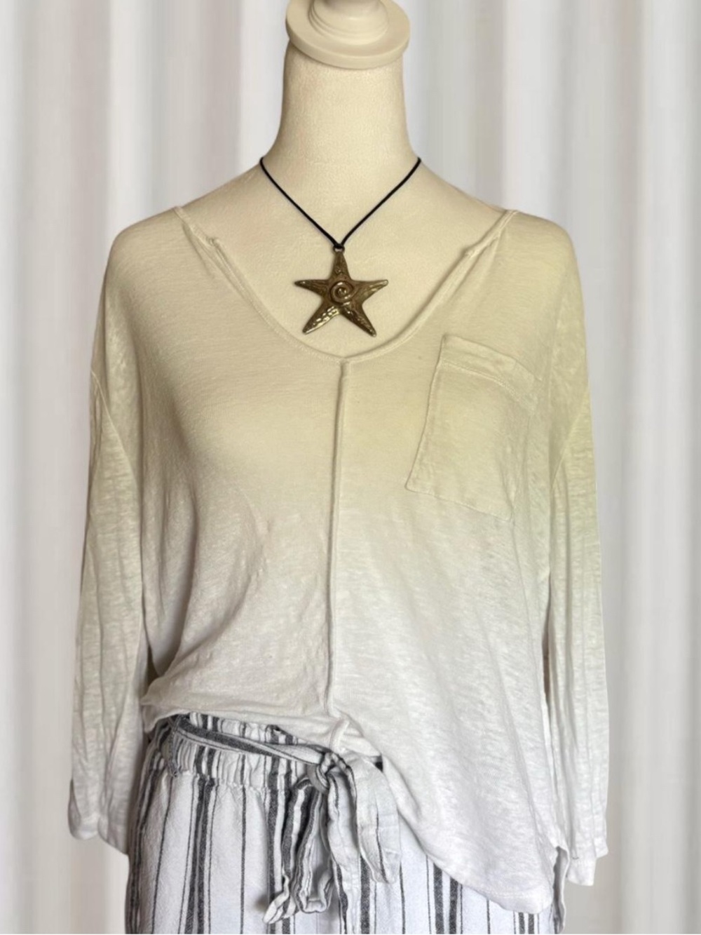 Bordeaux Anthropologie V-Neck Linen Long Sleeve Pocket Top Coastal Boho Summer